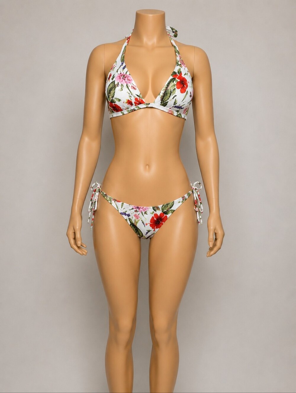 NWT Floral Ribbed Halter Bikini Set- Size Large White Tropical Print